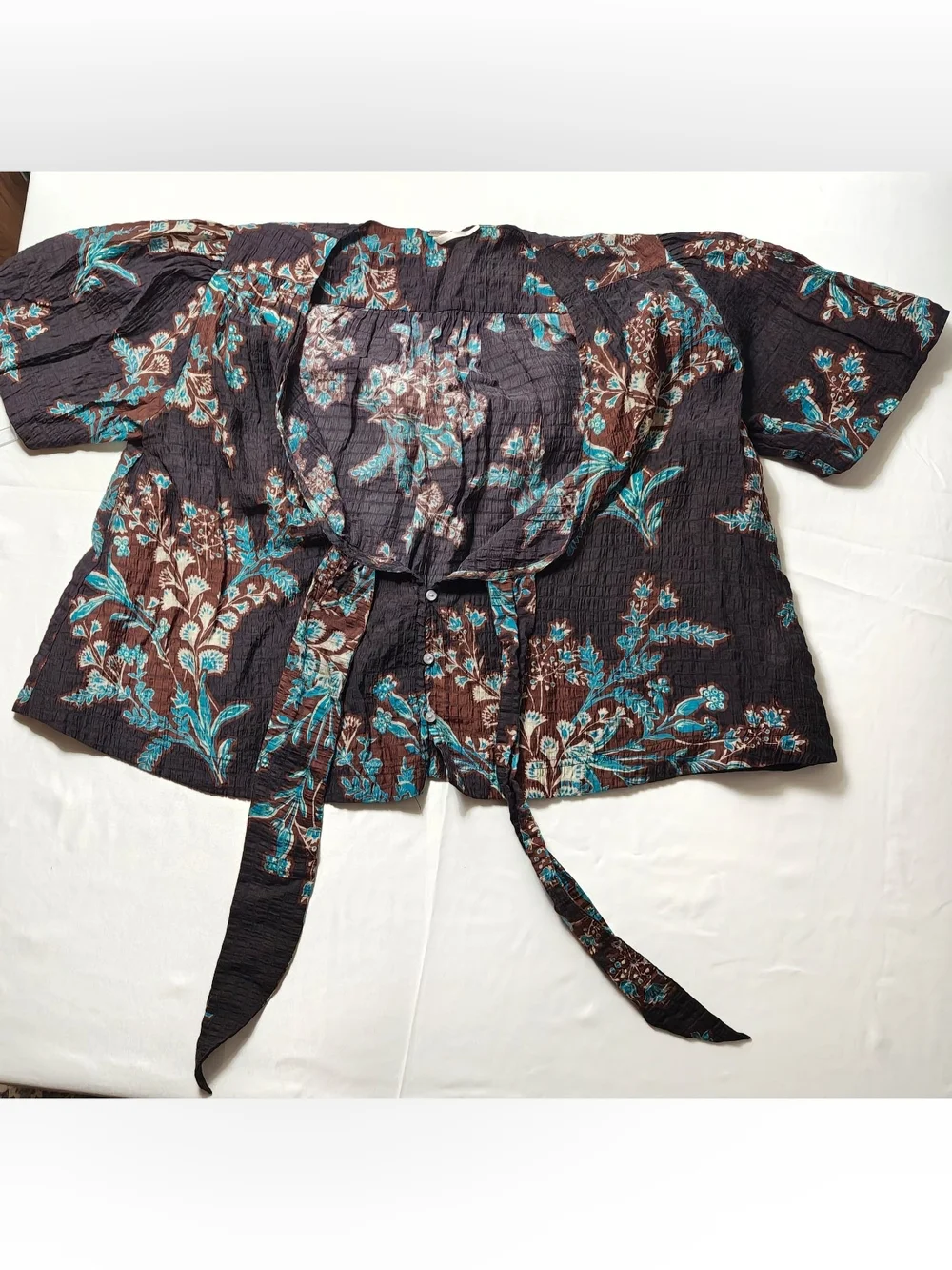 Free People Floral Crinkle Tie Front Blouse Small Brown Turquoise Boho Top
